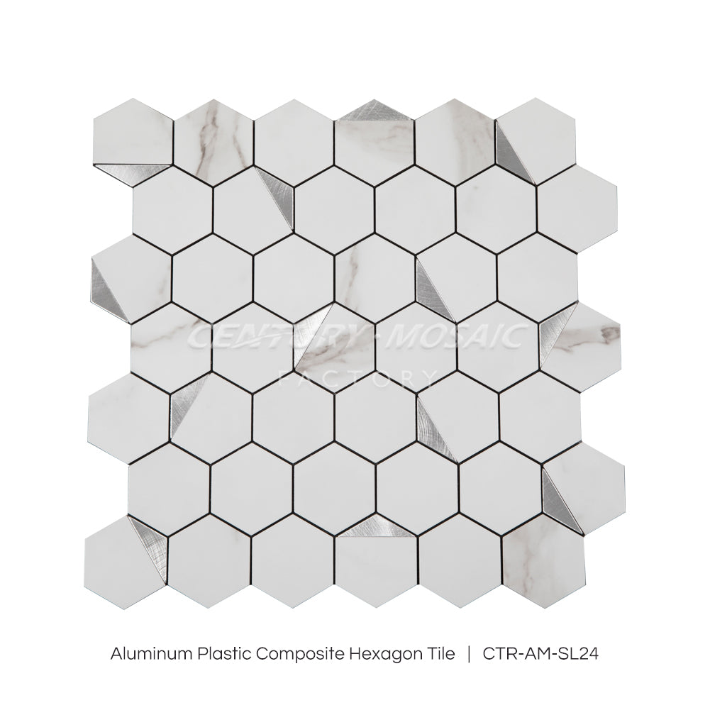 Peel and Stick Aluminum Plastic Composite Mosaic Tile White Silver Hexagon Wholesale