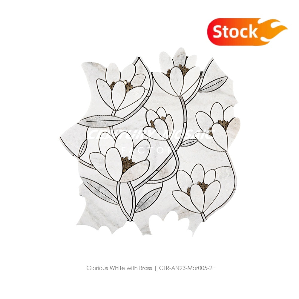 Glorious White with Brass Marble Waterjet Mosaic Tile In Stock