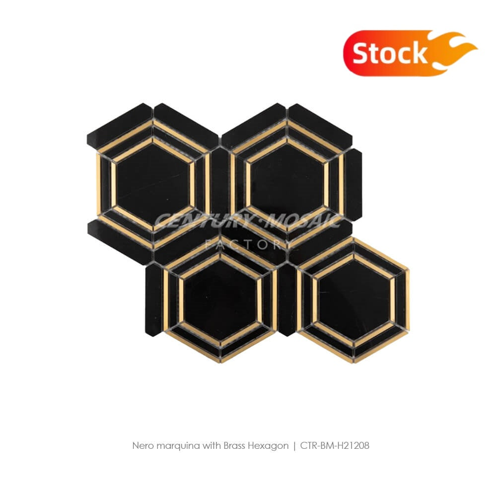 Nero Marquina with Brass Marble Hexagon Mosaic Tile In Stock