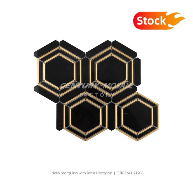 Nero Marquina with Brass Marble Hexagon Mosaic Tile In Stock