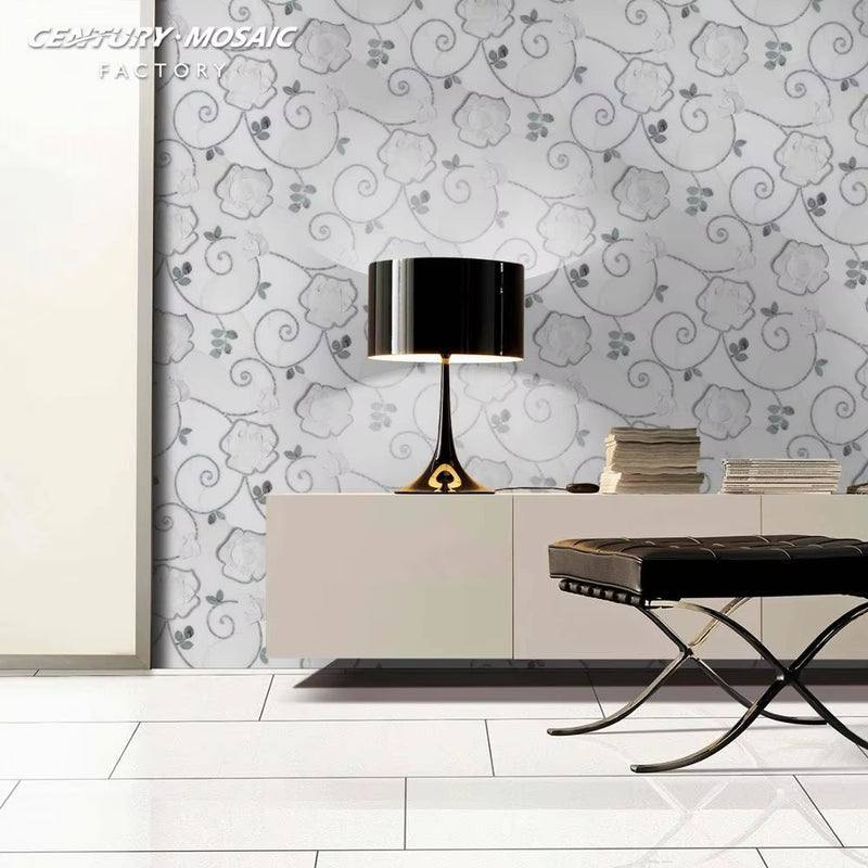 Camellia  Waterjet Marble White Flower Polished Mosaic