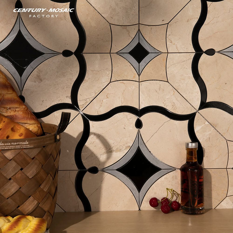 Dream Pemba Waterjet Marble Beige Flower Polished Mosaic