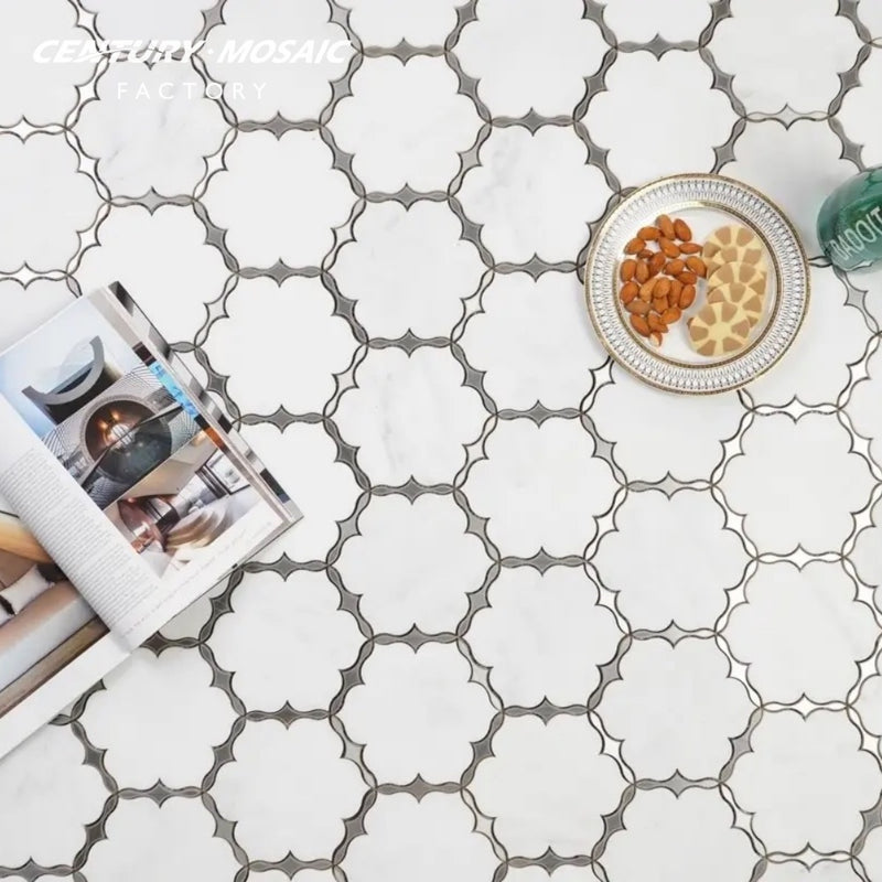 Flower Waterjet Marble White Polished Mosaic Tiles 1