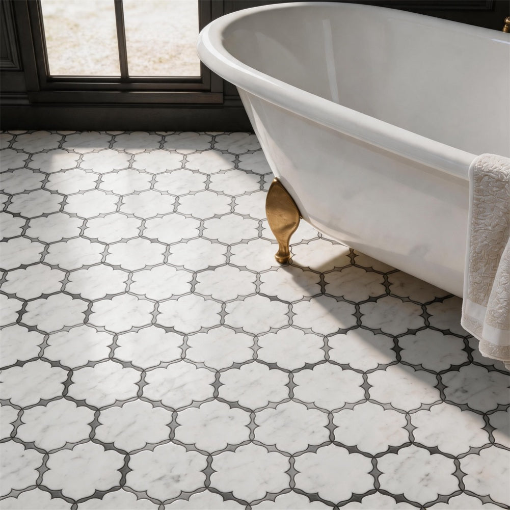 Flower Waterjet Marble White Polished Mosaic Tile
