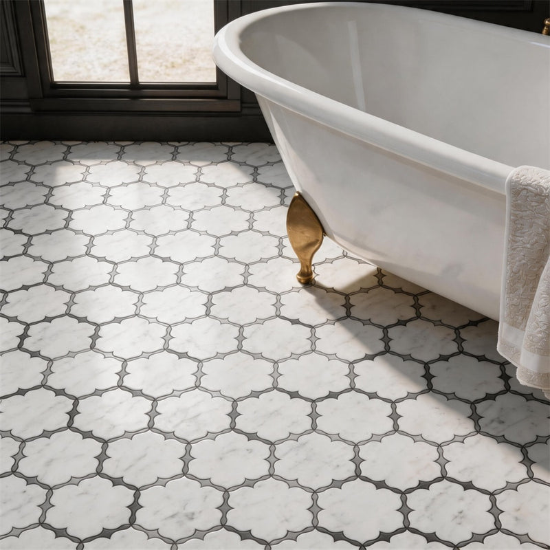 Flower Waterjet Marble White Polished Mosaic Tile