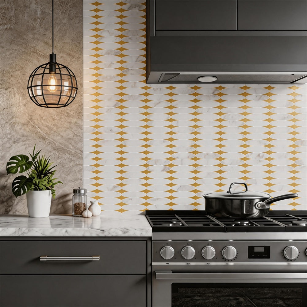 3D Waterjet Marble White Backsplash Mosaic Tile