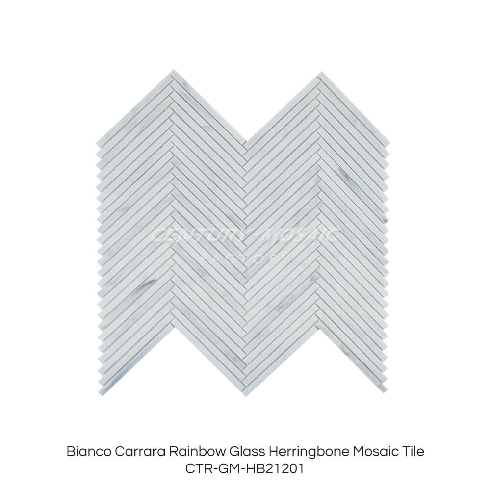 Rainbow Glass Herringbone Mosaic Tile White Herringbone Glossy Wholesale