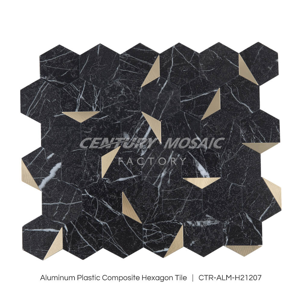 Peel and Stick Aluminum Plastic Composite Mosaic Tile Black Gold Hexagon Wholesale