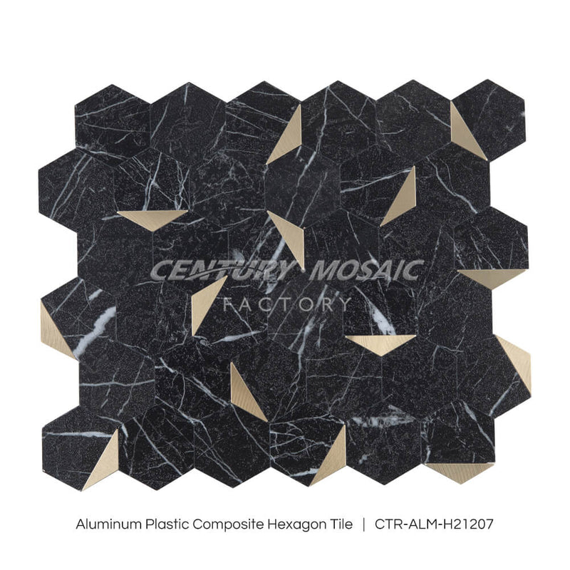 Peel and Stick Aluminum Plastic Composite Mosaic Tile Black Gold Hexagon Wholesale