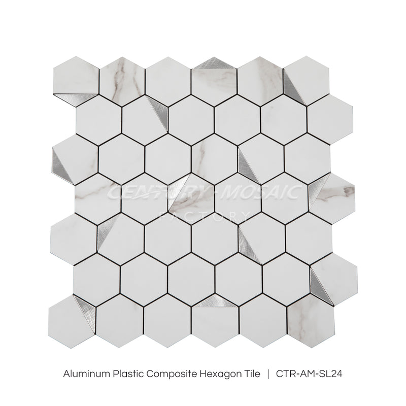 Peel and Stick Aluminum Plastic Composite Mosaic Tile White Silver Hexagon Wholesale