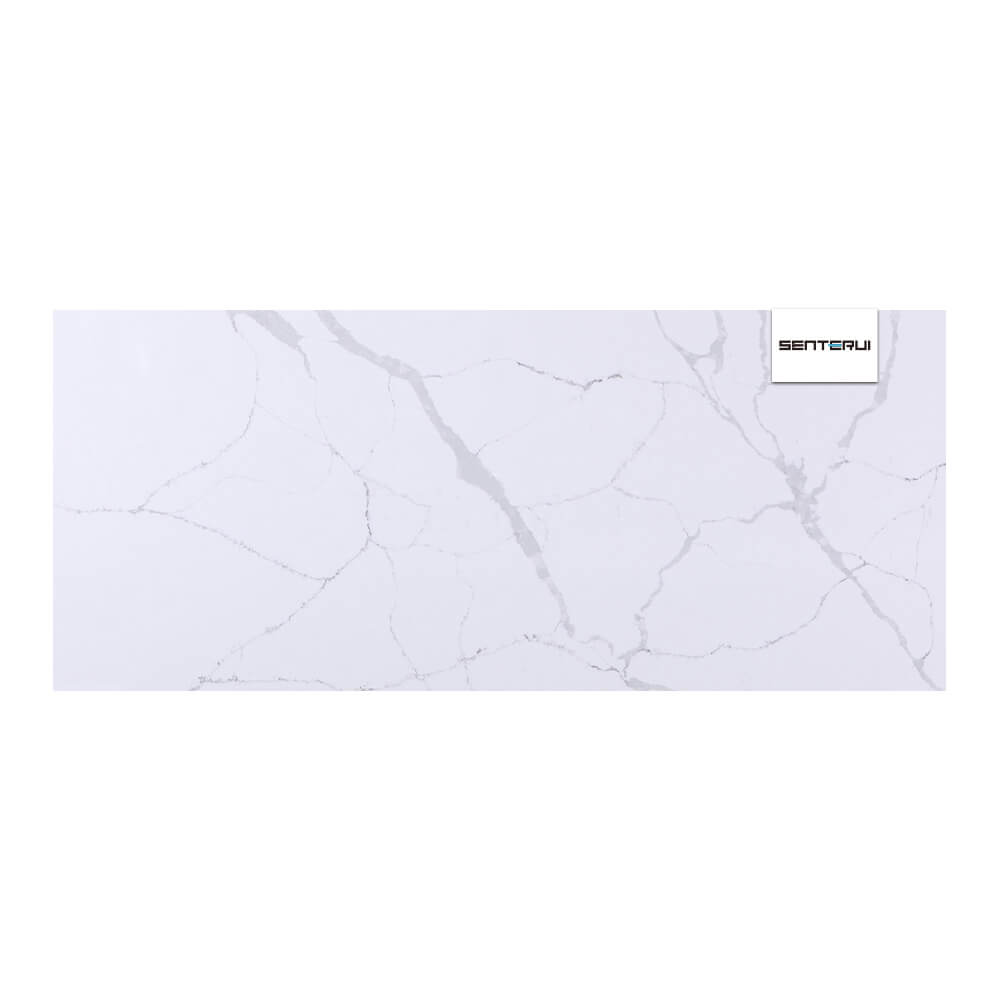 Calacatta Cascade Quartz White 10.49”x5.25” Polished Slab Wholesale