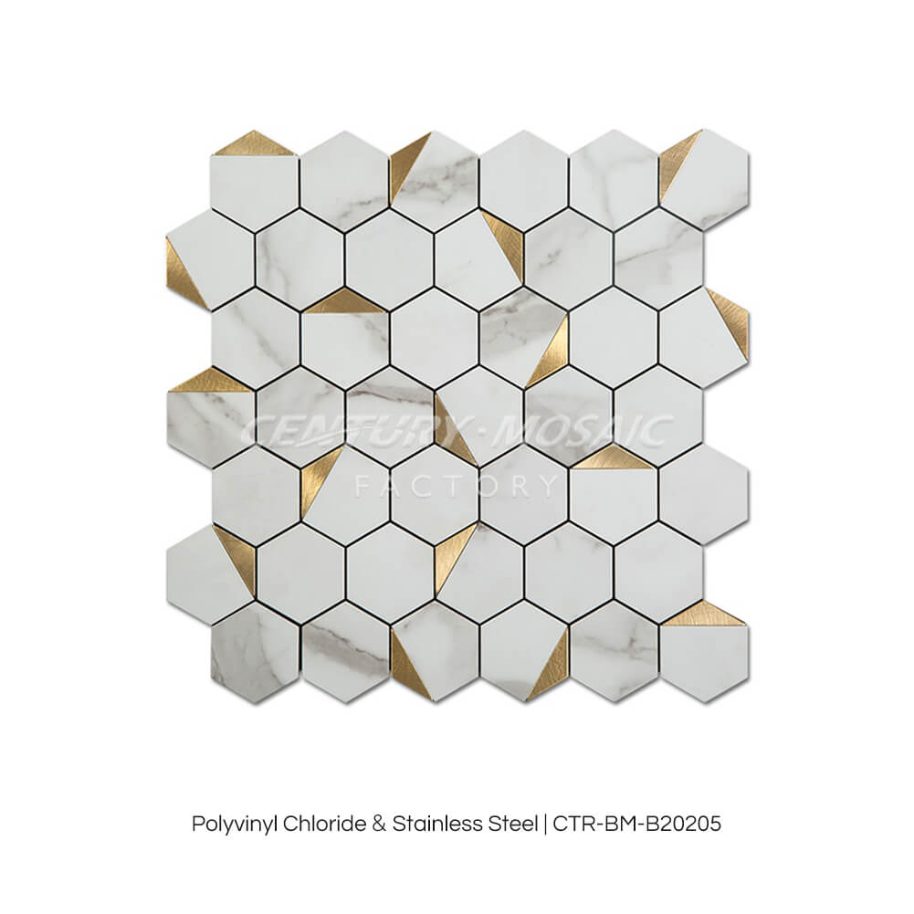 Aluminum Plastic Composite Peel and Stick White and Gold Hexagon Triangle Mosaic Tile Collection Wholesale