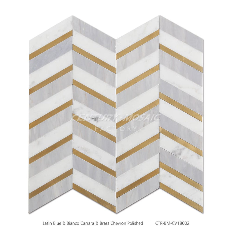 Latin Blue & Bianco Carrara Marble & Brass Chevron Mosaic Wholesale