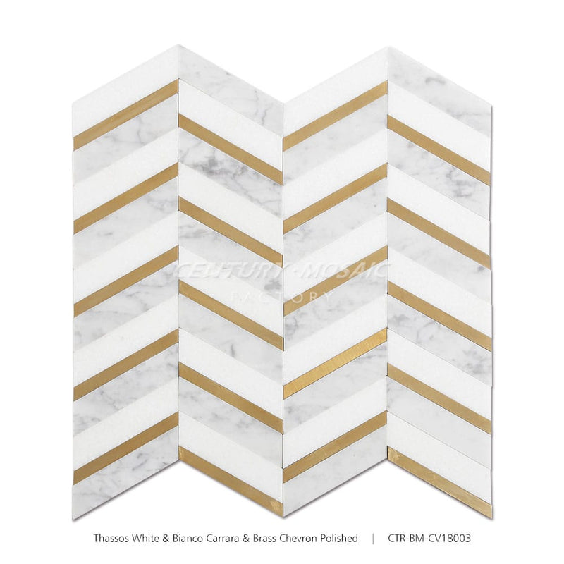 Thassos White & Bianco Carrara Marble & Brass Chevron  Mosaic Wholesale