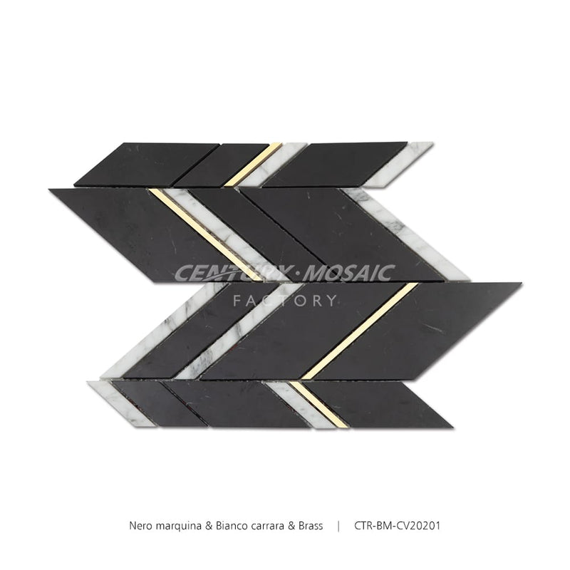 Nero marquina & Bianco carrara Marble & Brass Chevron  Mosaic Wholesale