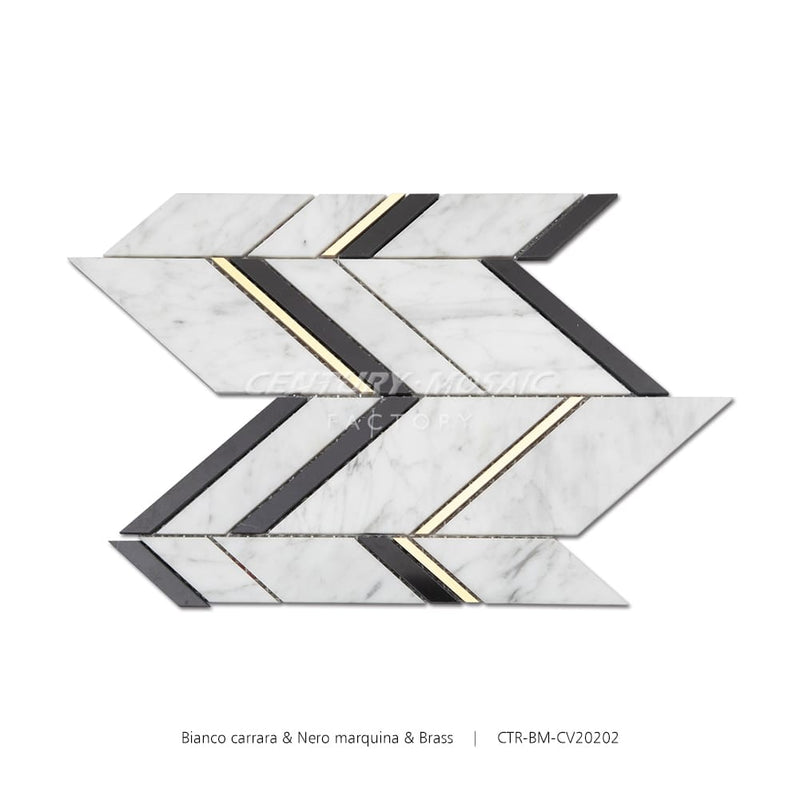 Bianco carrara & Nero marquina Marble & Brass White Chevron Mosaic Wholesale