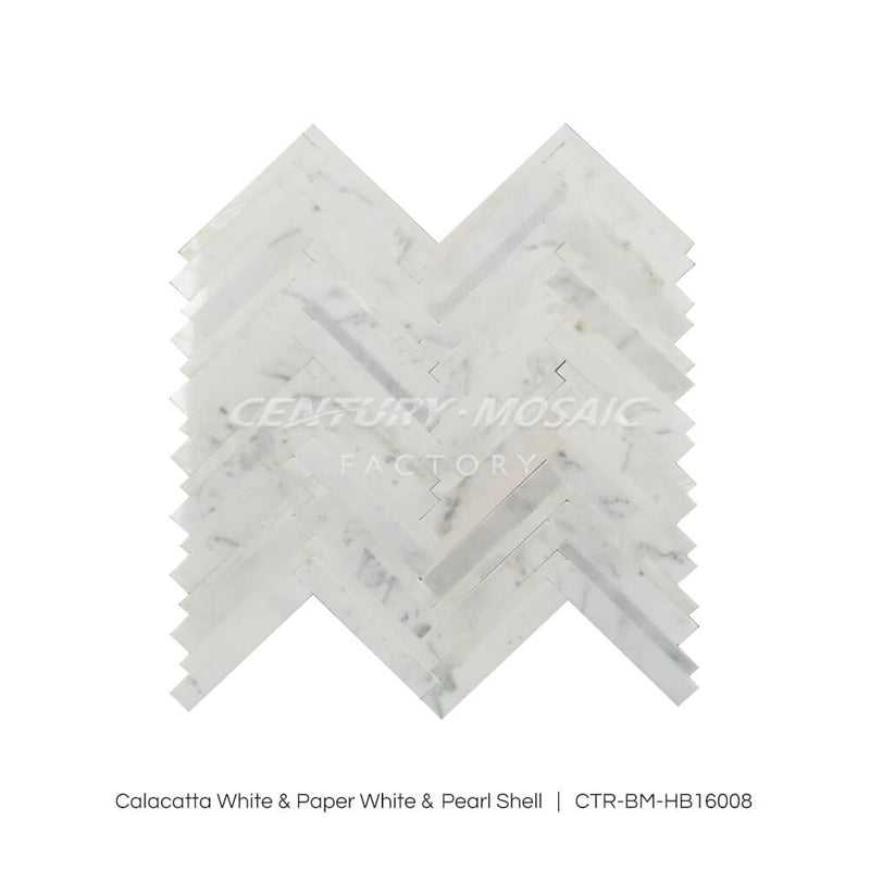 White Marble and Pearl Shell Herringbone Polished Mosaic Tile Wholesale