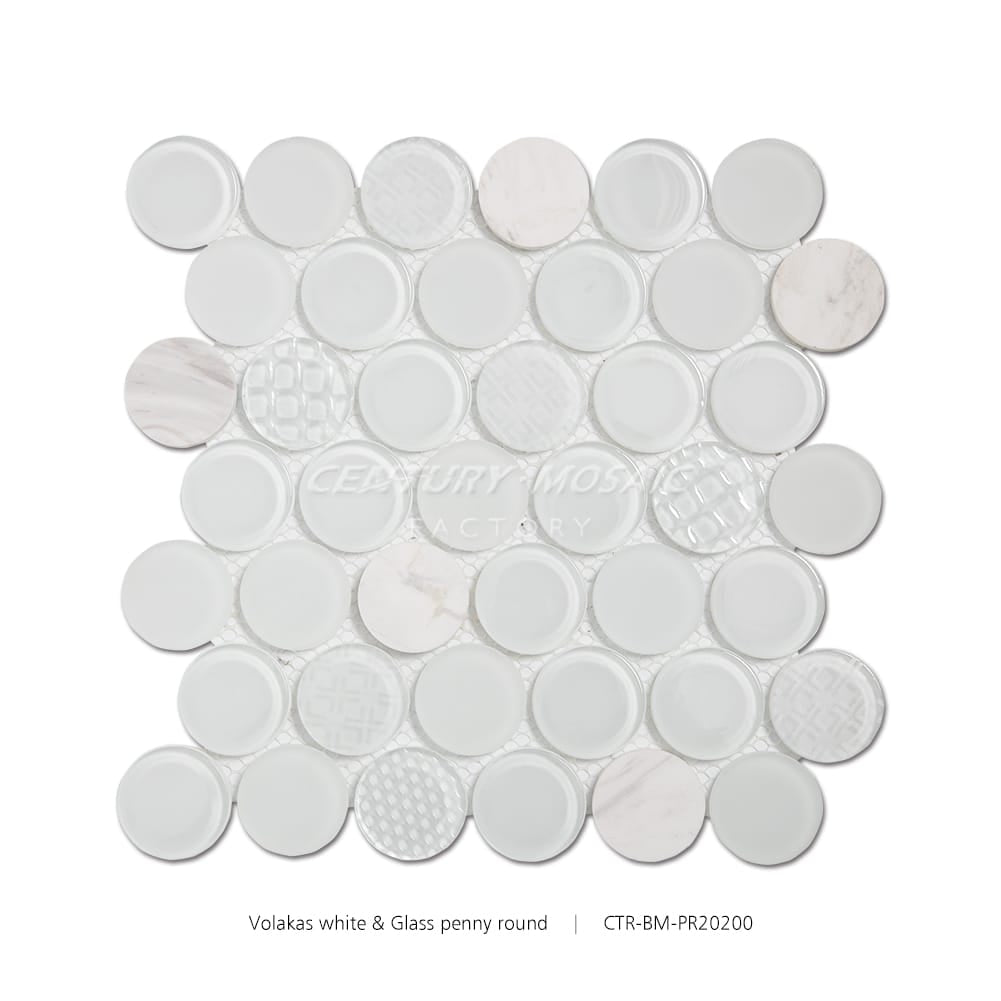 Volakas White & Glass Penny Round Polished Mosaic Wholesale