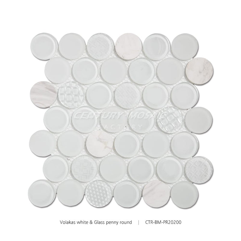 Volakas White & Glass Penny Round Polished Mosaic Wholesale