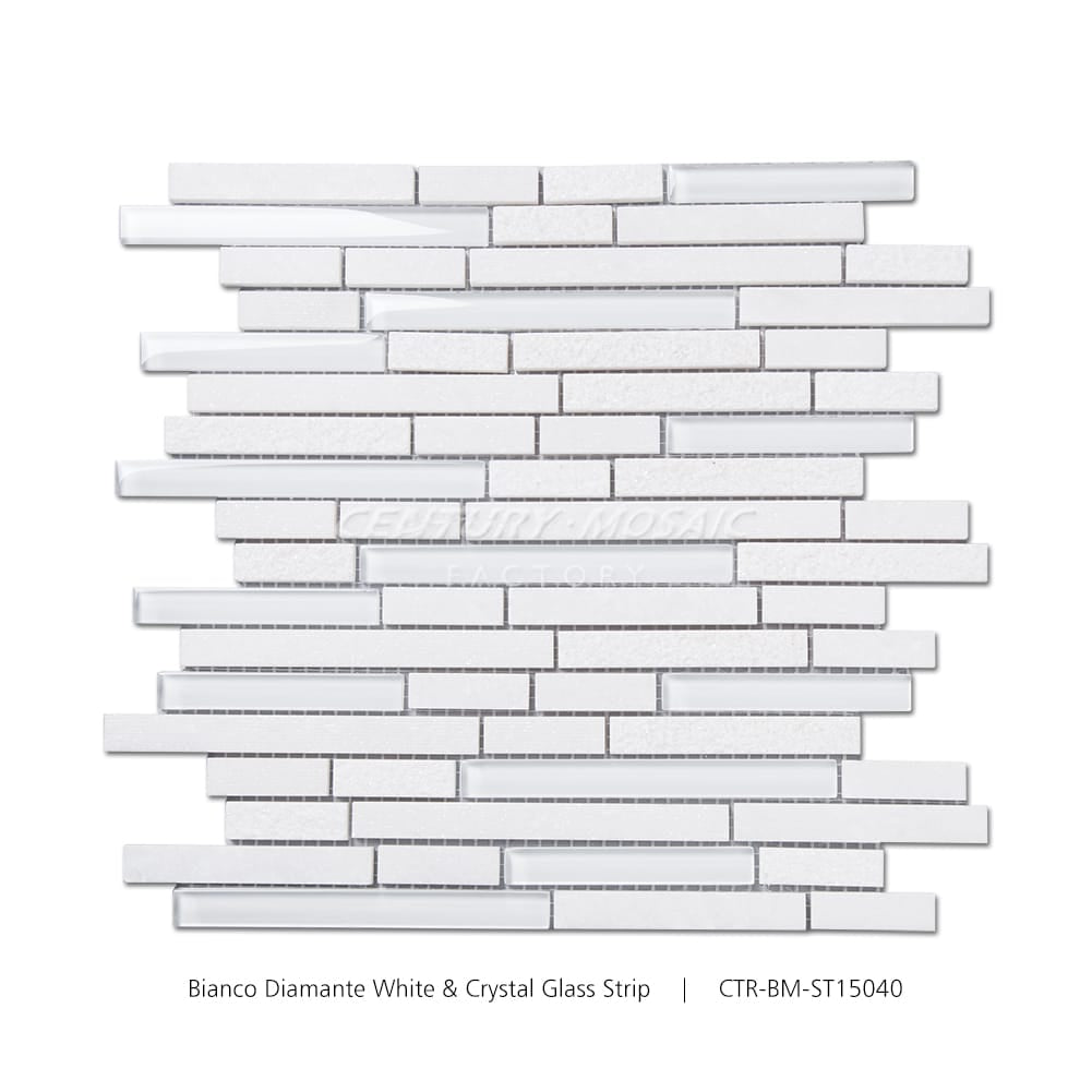 Bianco Diamante White & Crystal Glass White Strip Mosaic Manufacturer