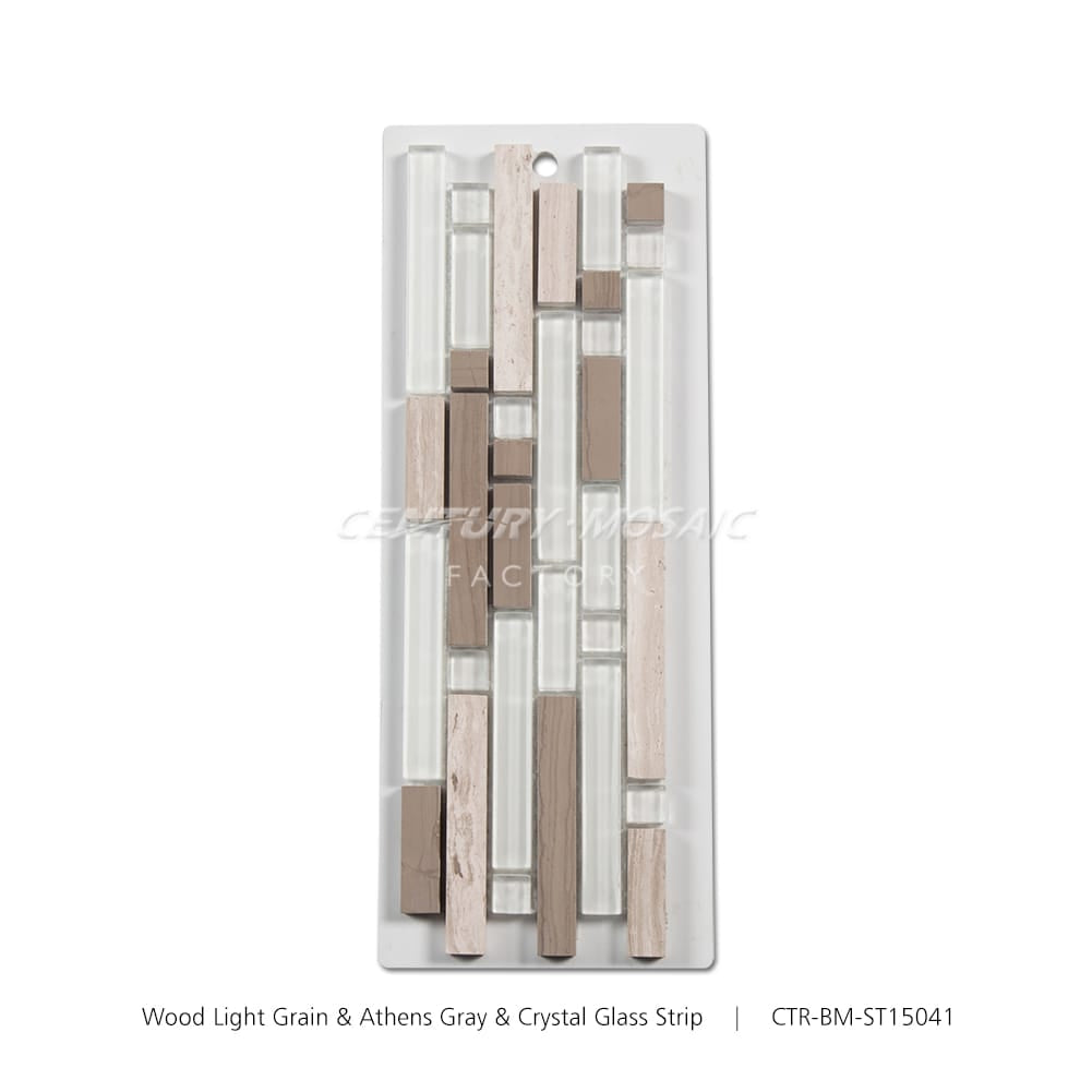 Wood Light Grain & Athens Gray & Crystal Glass White and Brown Strip Mosaic Manufacturer