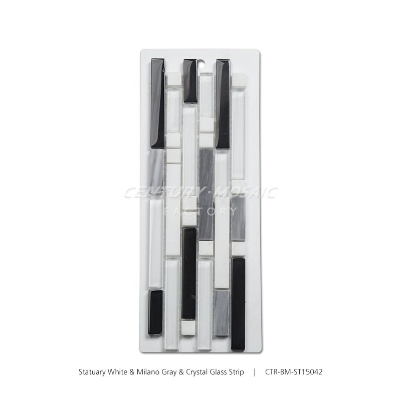 Statuary White & Milano Gray & Crystal Glass Black Grey White Strip Mosaic Manufacturer