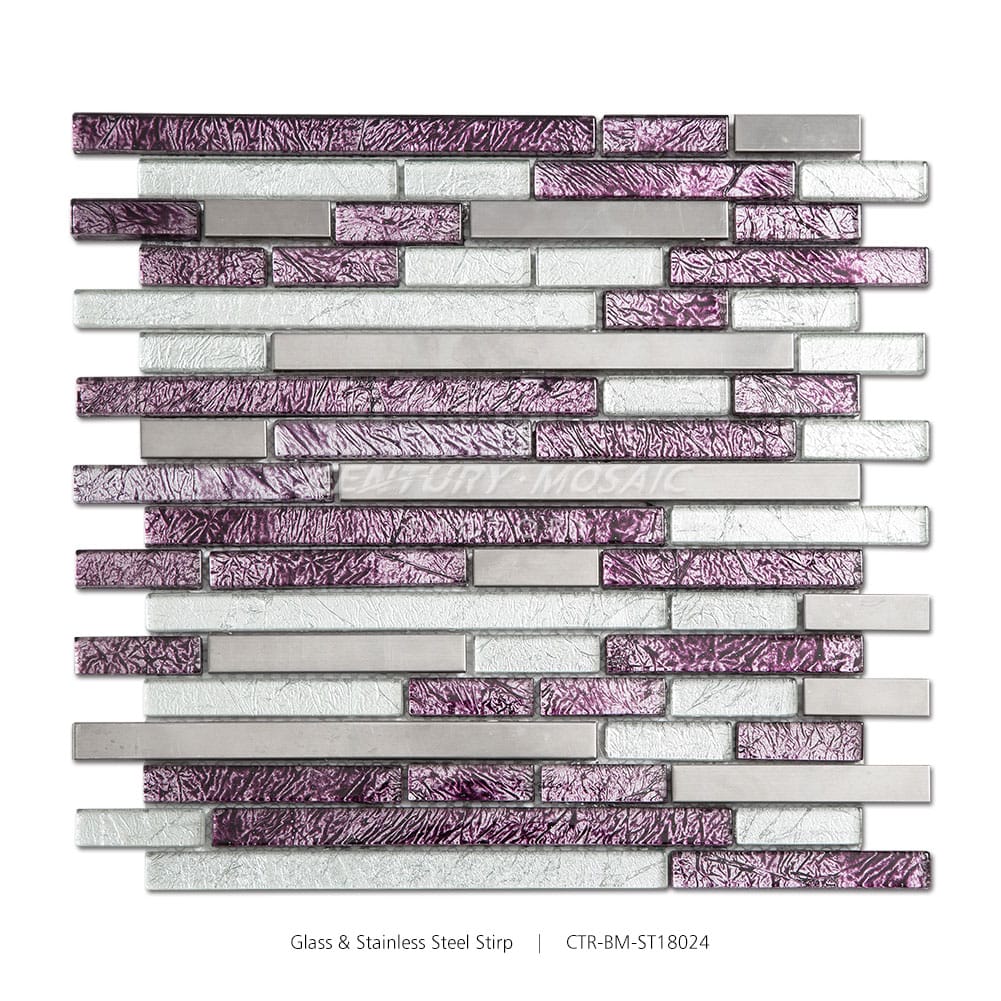 Glass & Stainless Steel Purple and Grey Polished Strip Mosaic Manufacturer