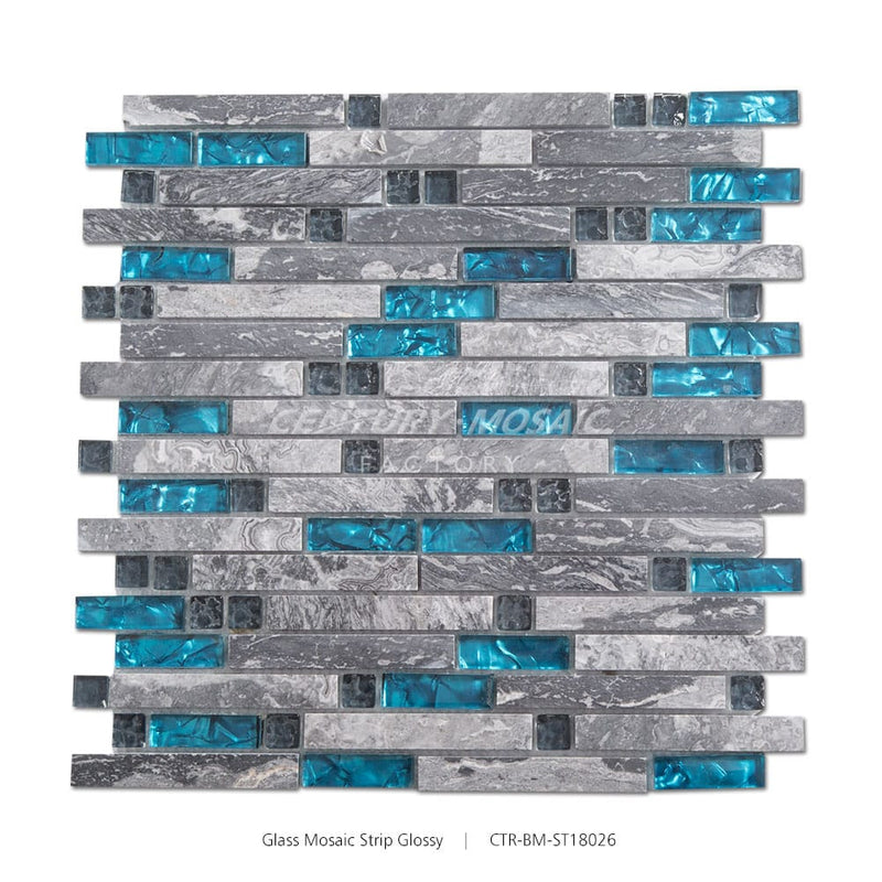 Glass and Marble Grey and Blue Polished Strip Mosaic Manufacturer