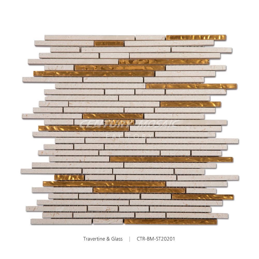Travertine & Glass Grey and Gold Polished Blends Strip Mosaic Manufacturer