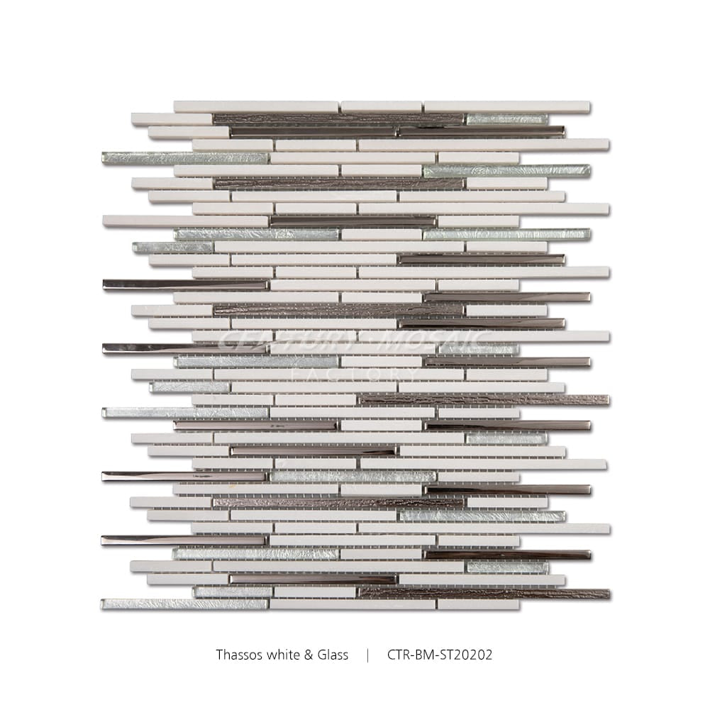 Thassos White & Glass White and Brown Polished Blends Strip Mosaic Manufacturer