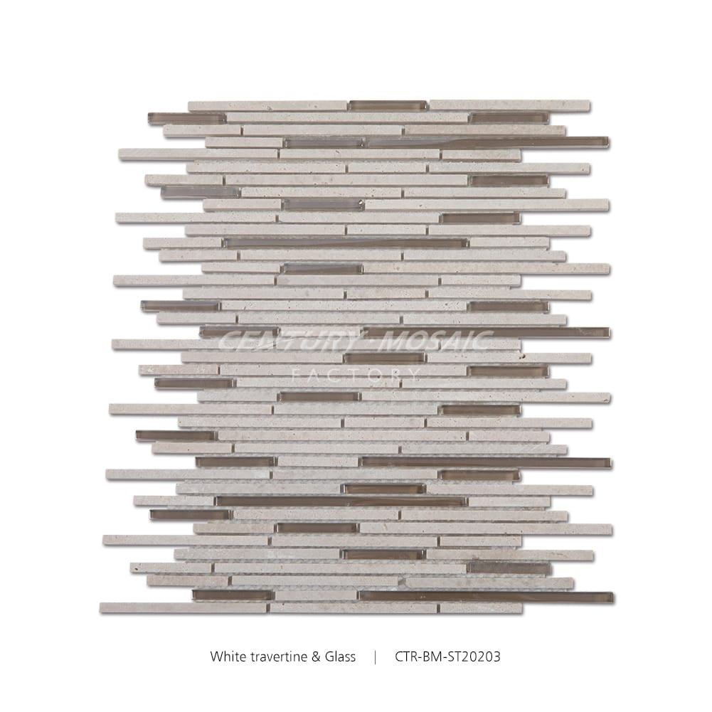 White Travertine & Glass Grey and Brown Polished Blends Strip Mosaic Manufacturer