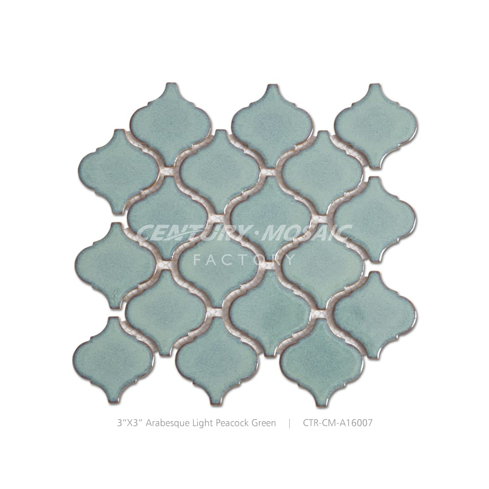Ceramic 3”x3” Light Peacock Green Arabesque Mosaic Matte Wholesale