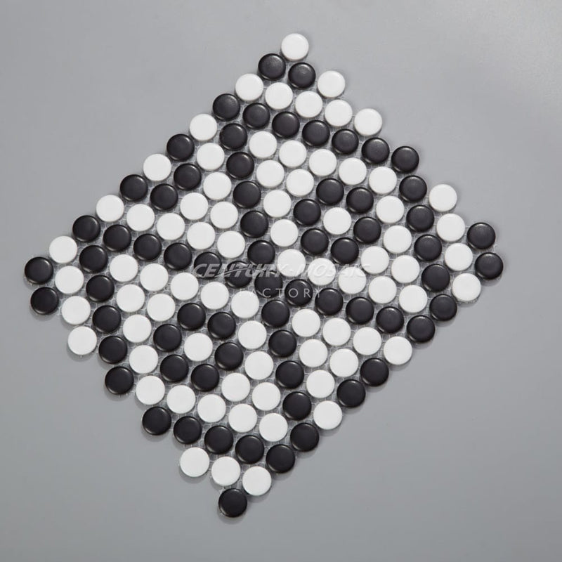 19mm Ceramic Penny Round Mosaic White and Black Matte Wholesale
