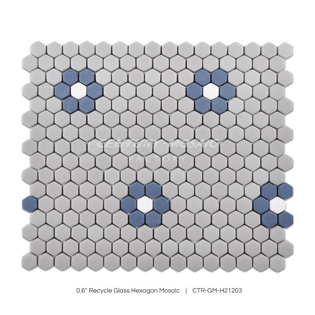 0.6” Recycle Glass Flower Hexagon Mosaic Blue Hexagon Matt Wholesale