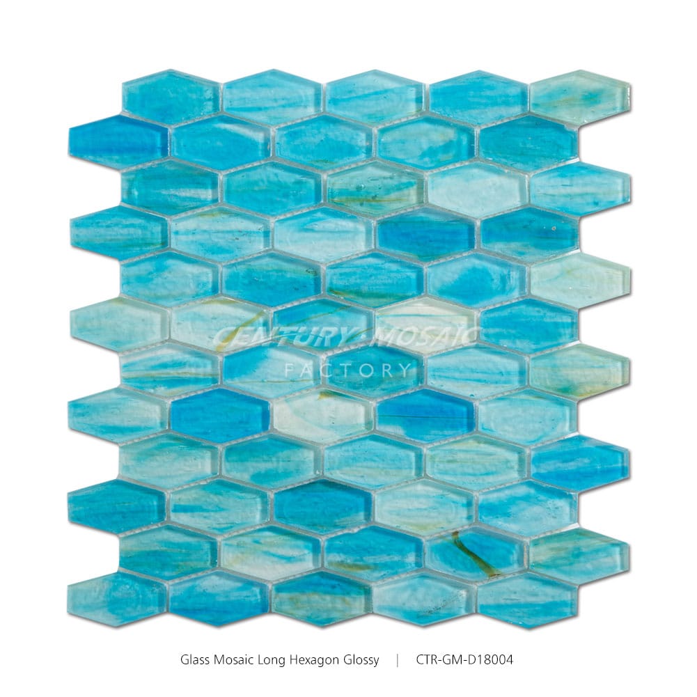 Long Hexagon Shape Glass Mosaic Blue Glossy Wholesale