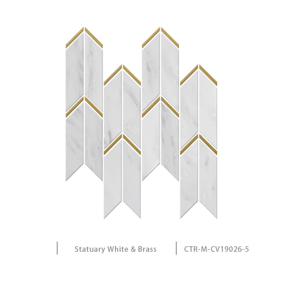 Chevron Waterjet Marble and Brass White Polished Mosaic Tile Wholesale