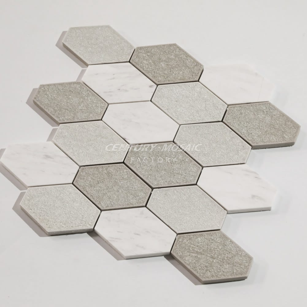 Volakas White & Ice Cracked Ceramic Grey Long Hexagon Polished Mosaic Manufacturer