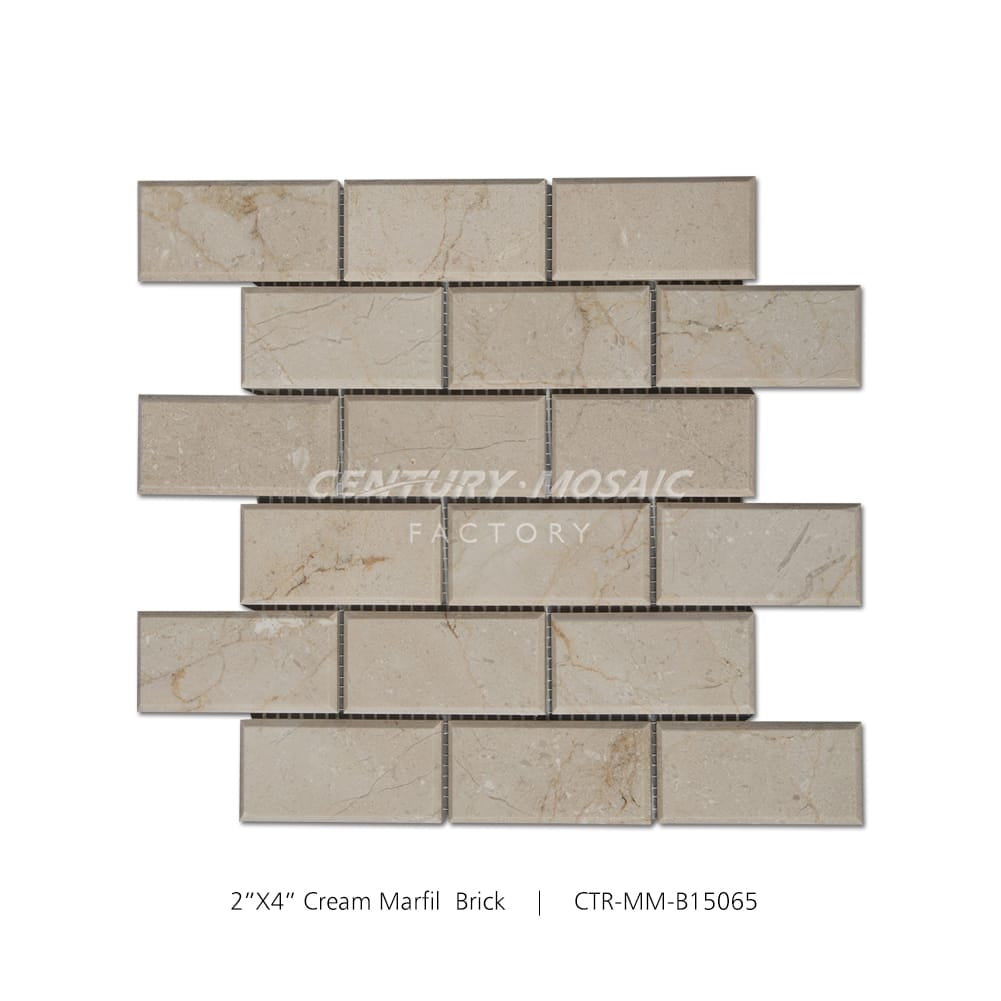 Cream Marfil Marble Beige 2”x4” Beveled Brick Mosaic Wholesale