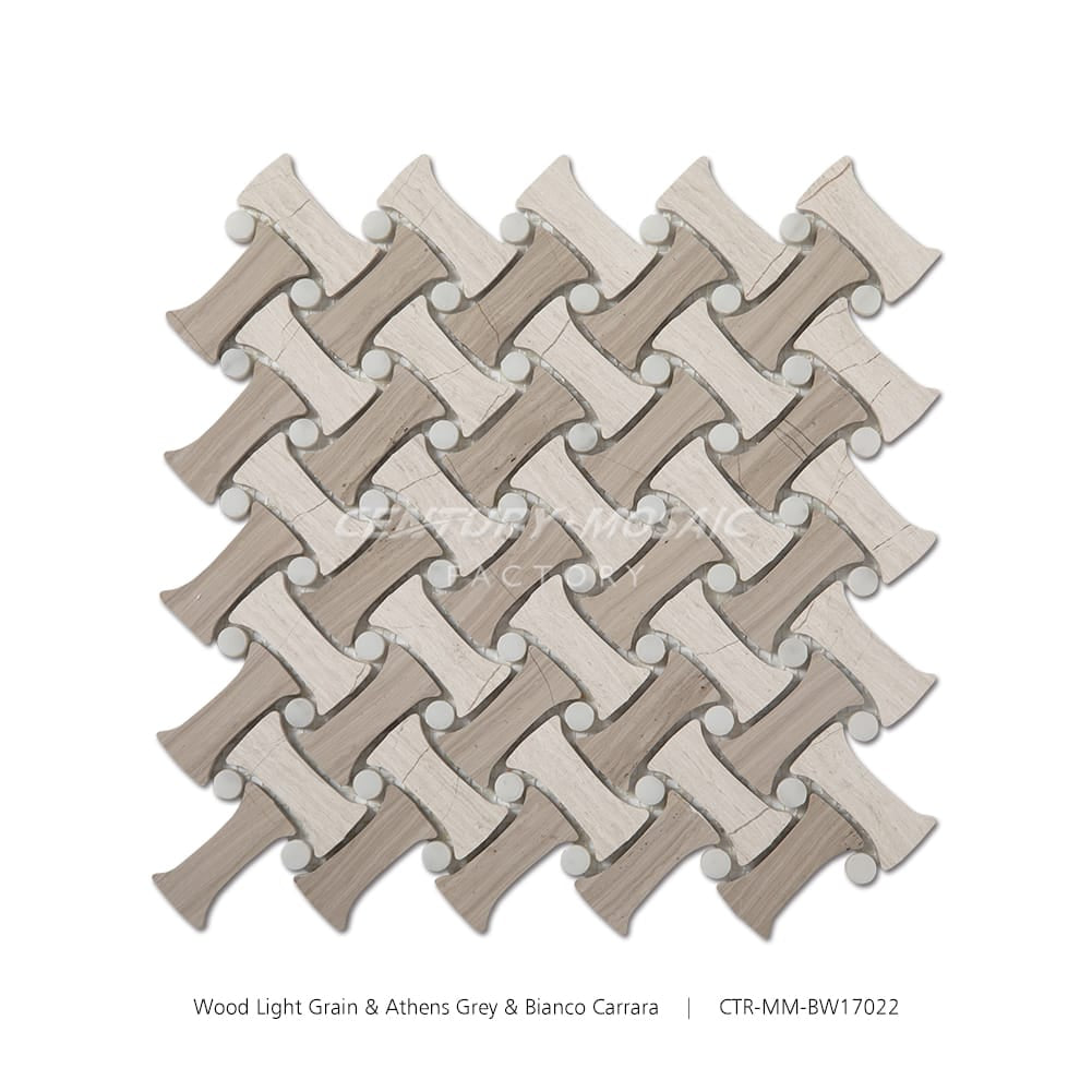 Wood Light Grain, Athens Grey and Bianco Carrara Basketweave Polished Mosaic Tile Wholesale