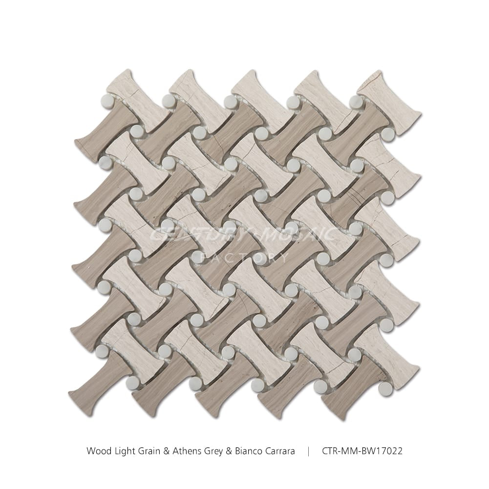 Wood Light Grain, Athens Grey and Bianco Carrara Basketweave Polished Mosaic Tile Wholesale