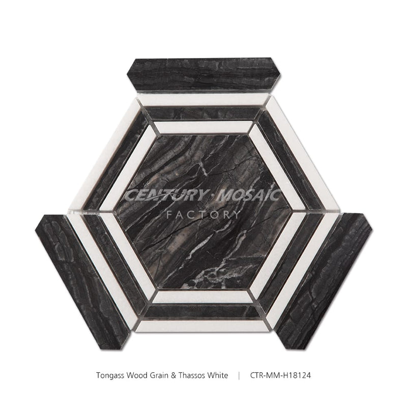 Tongass Wood Grain and Thassos White Hexagon Black and White Polished Marble Mosaic Wholesale