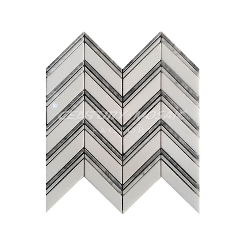 Thassos White and Bianco Cararra Chevron Polished Mosaic Tile In Stock