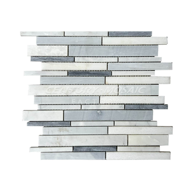 Latin Blue and New Statuary White Random Strip Honed Mosaic Tile In Stock