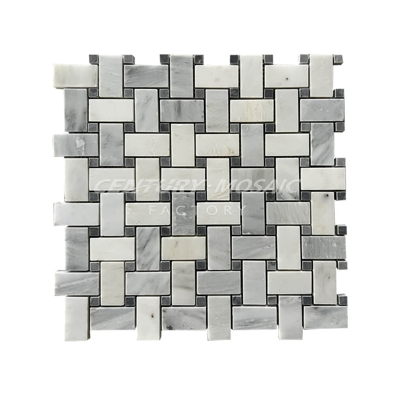 Statuary White 25x48mm and Grey Square Basketweave Honed Mosaic Tile In Stock