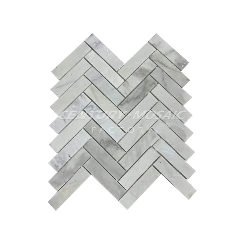 Pisa White 25x98mm Herringbone Polished Mosaic Tile In Stock