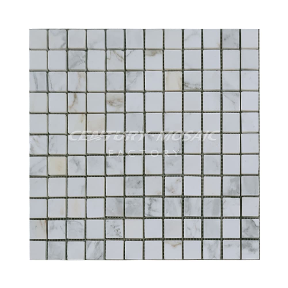 Glorious Gold White Marble 25mm Square Polished Mosaic Tile In Stock