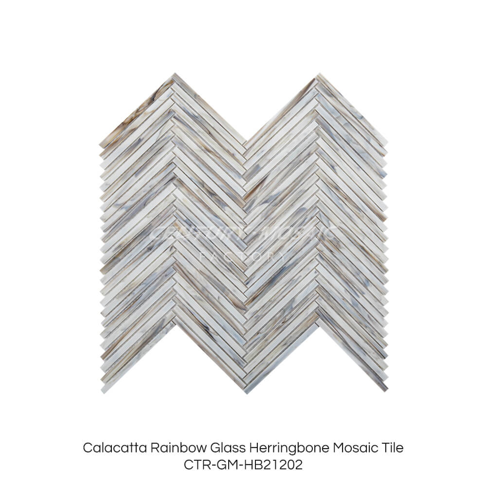 Rainbow Glass Herringbone Mosaic Tile White Herringbone Glossy Wholesa