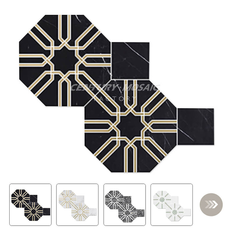 Golden Note Waterjet Marble Black Octagon Polished Mosaic Thailand Wholesale