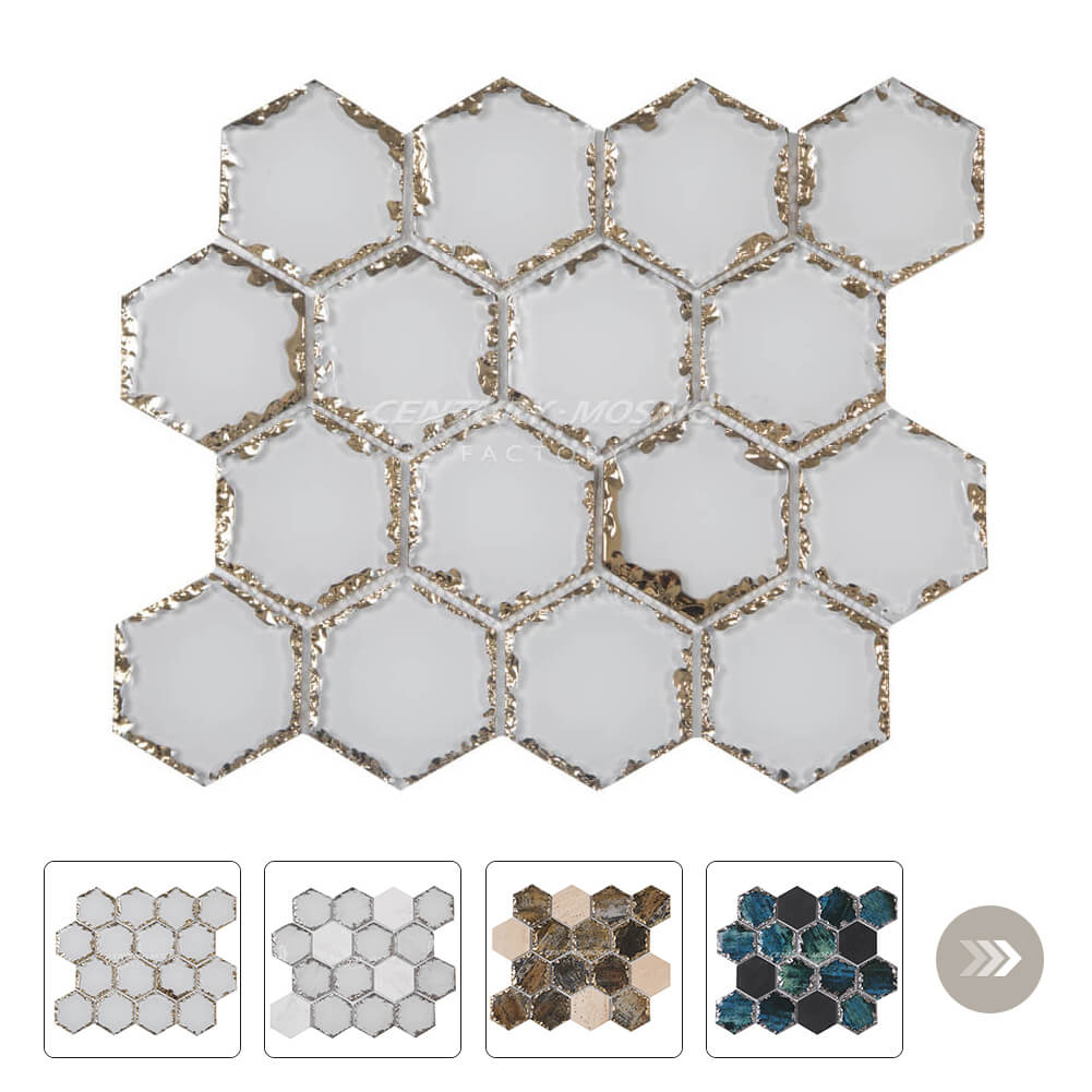 Hexagon Broken Edge Glass Mosaic White Brick Glossy Wholesale