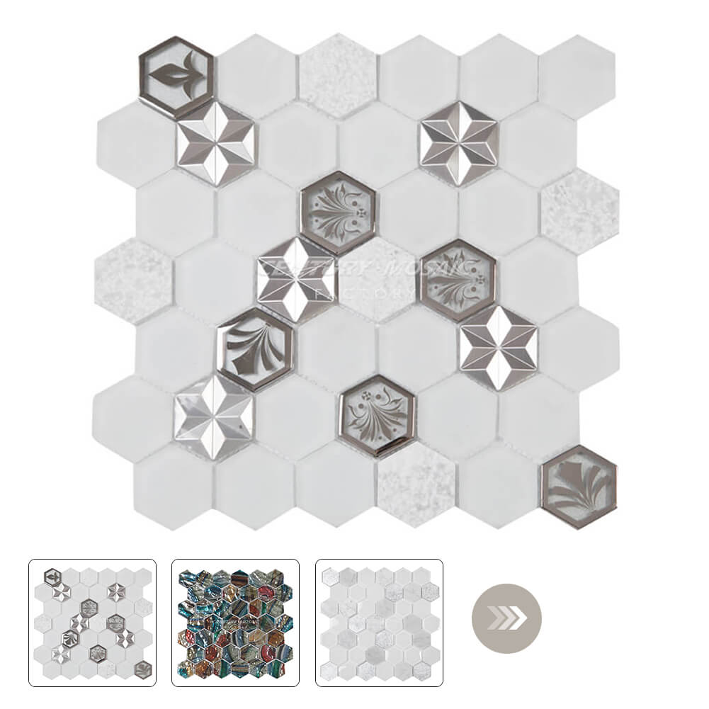 Mixed Hexagon Glass Mosaic White Glossy Wholesale